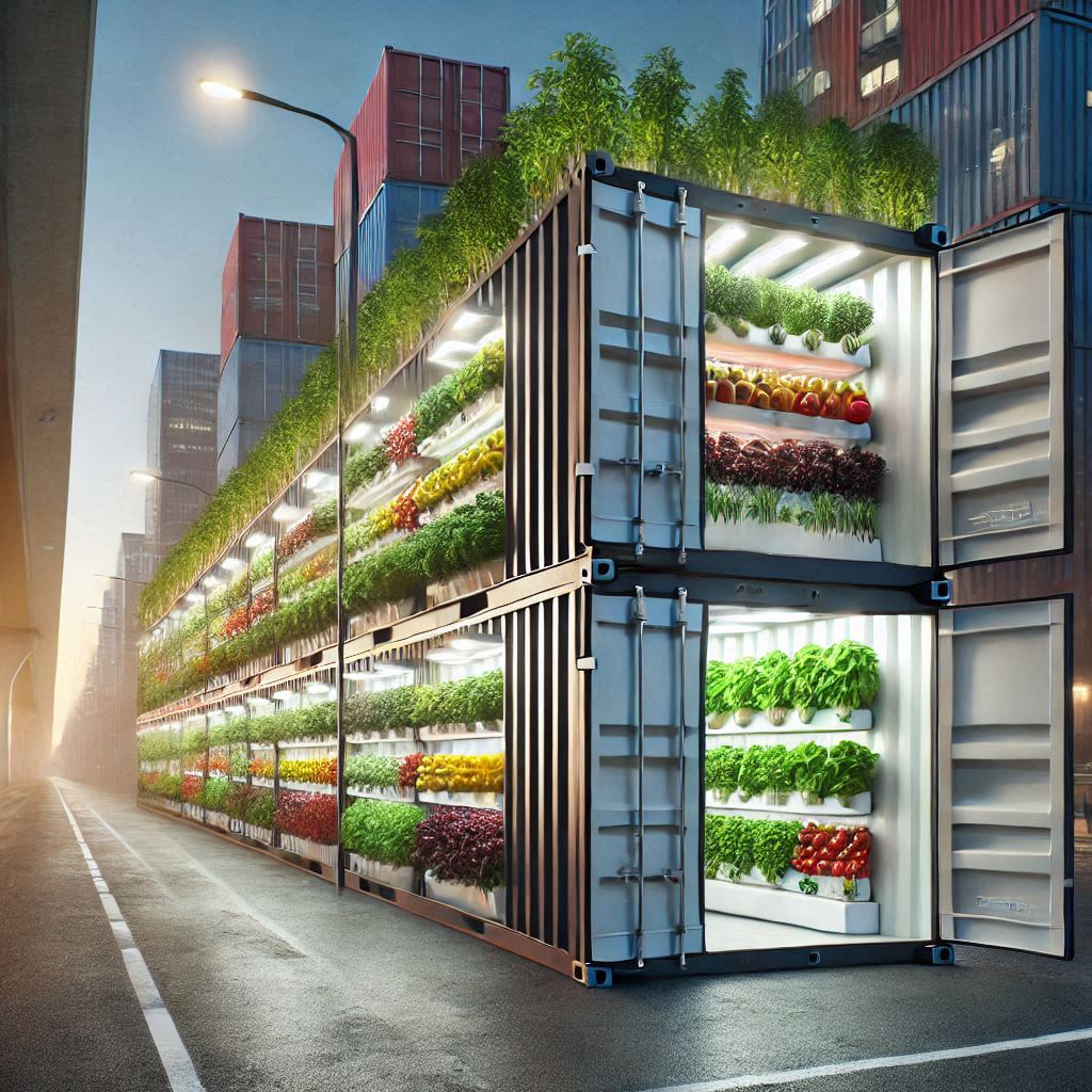 Stacked containerized hydroponic growing units on a city street