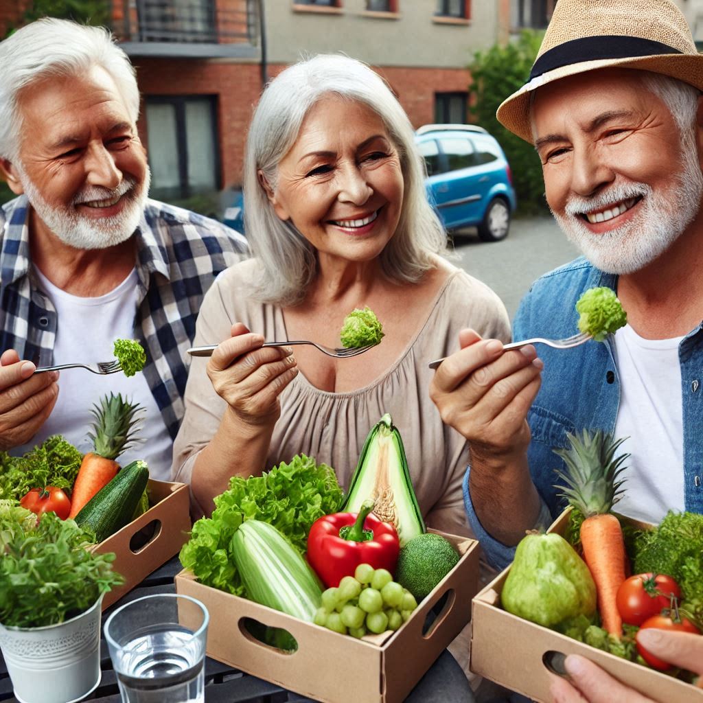 Residents enjoying fresh organic produce grown on-site
